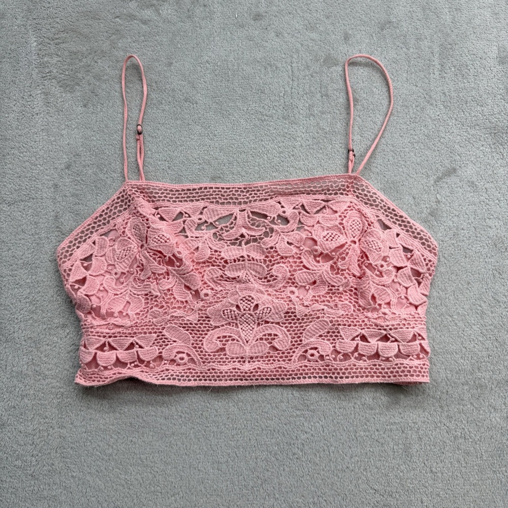 Free People One Cami Women XS Pink Lace Smocked Boho Crop Top Festival Fairycore